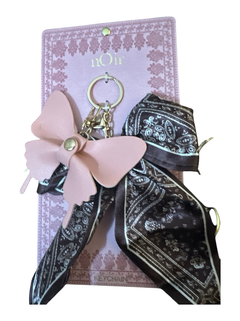 NWT noir blanc noir Pink Butterfly Key & Card Holder with Brown Bandana Bow